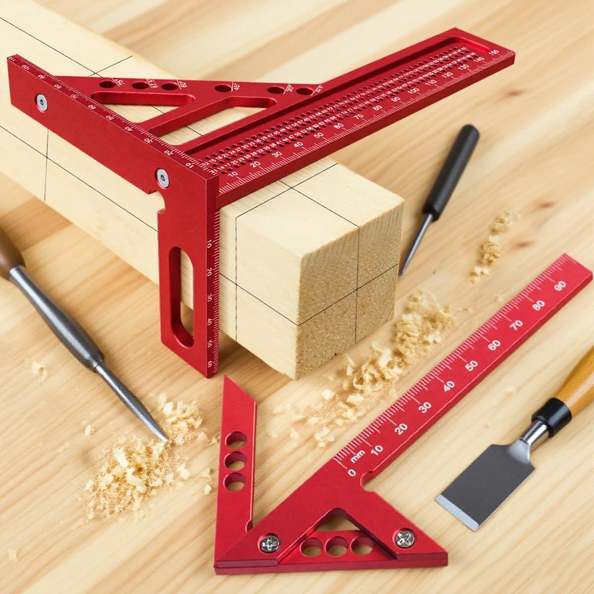 Kit com 2 Peças Régua Triangular e Marcador Central Métrico para Marcenaria