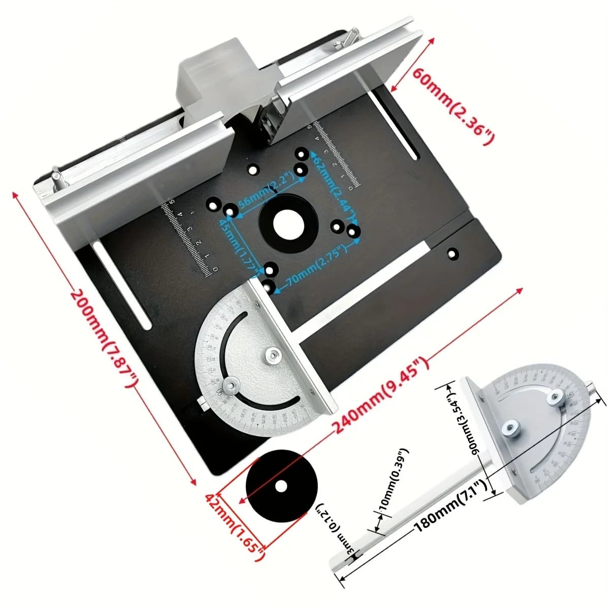 Placa de Inserção para Mesa Router em Alumínio com Fenda para Esquadro