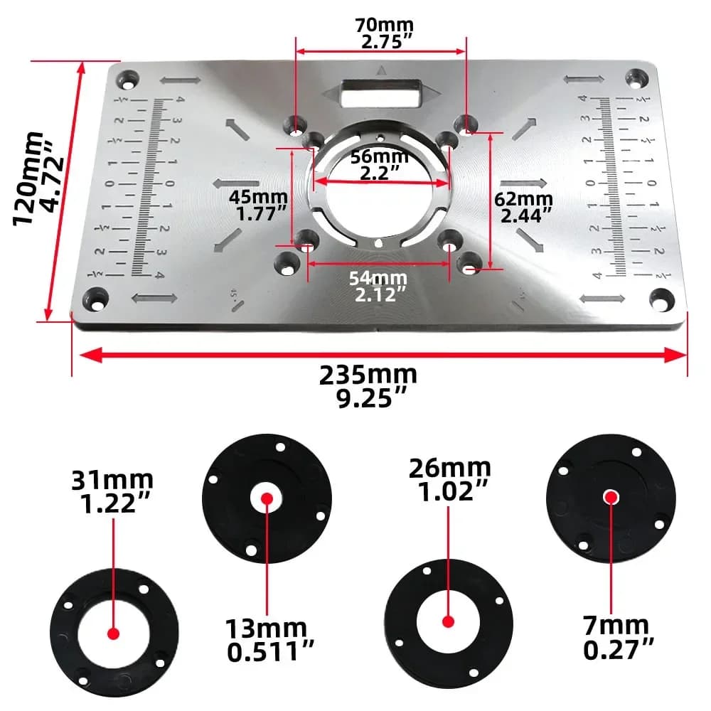 Placa de Inserção para Mesa de Router em Alumínio com Anéis para Marcenaria