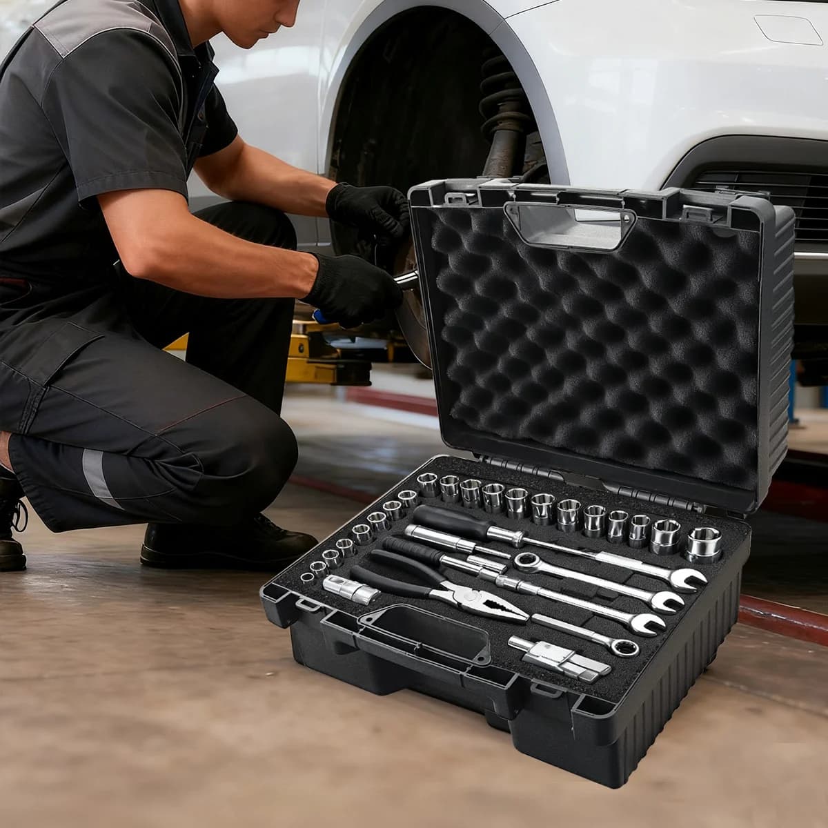 Caixa de Ferramentas Portátil para Reparo Automotivo em Plástico com Espuma