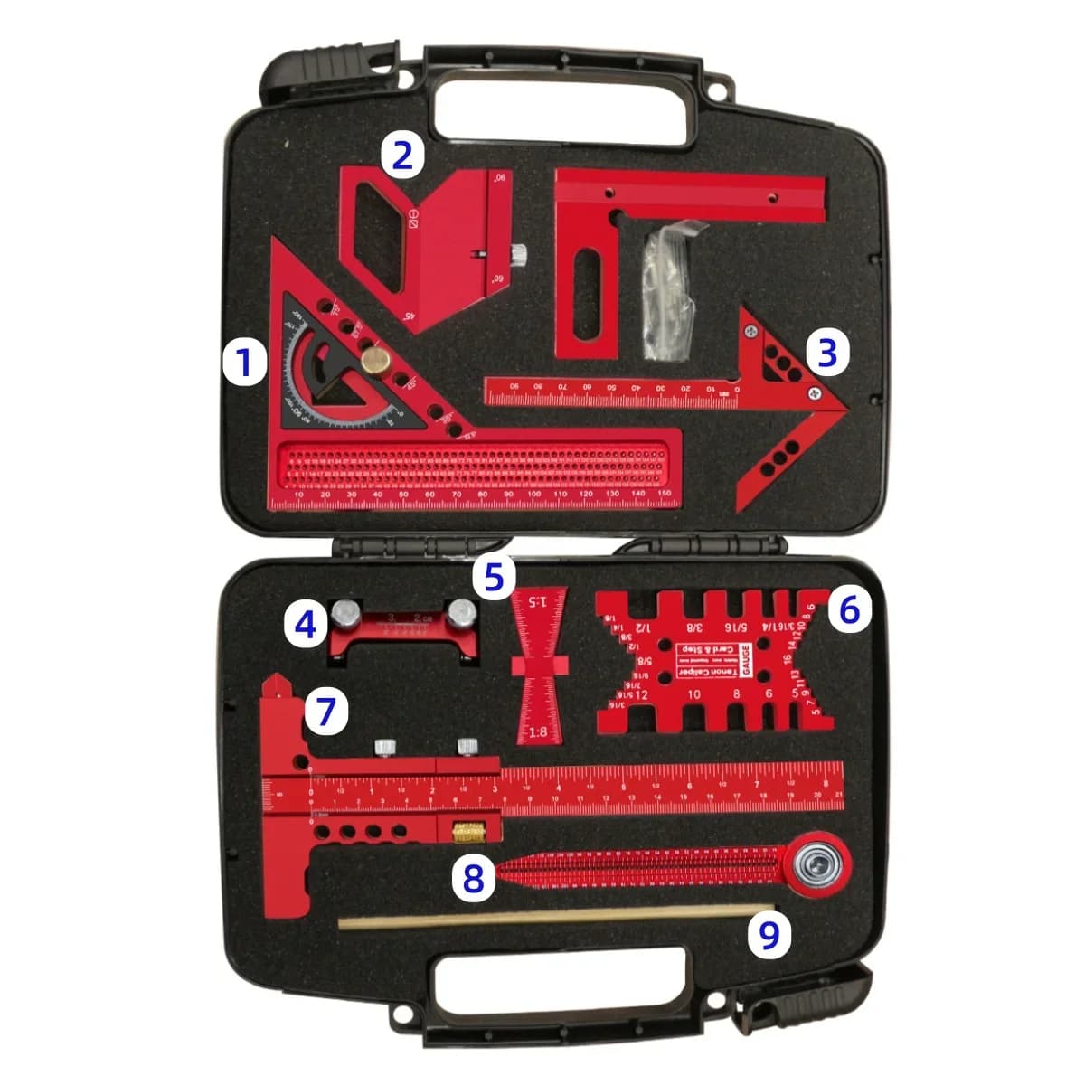 Kit de Esquadro para Marcenaria com Compasso e Guia de Afiação - 9 Peças