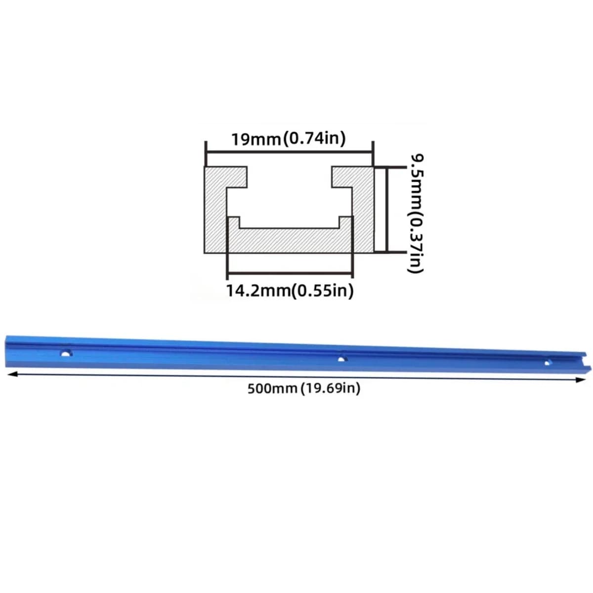Trilho T de Duplo Corte 500mm com Kit de Manípulo Parafuso T